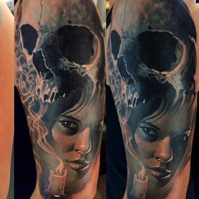 skull woman girl amazing tattoo portrait realistic realistisch farbe black marci tattoo anansi münchen munich shop