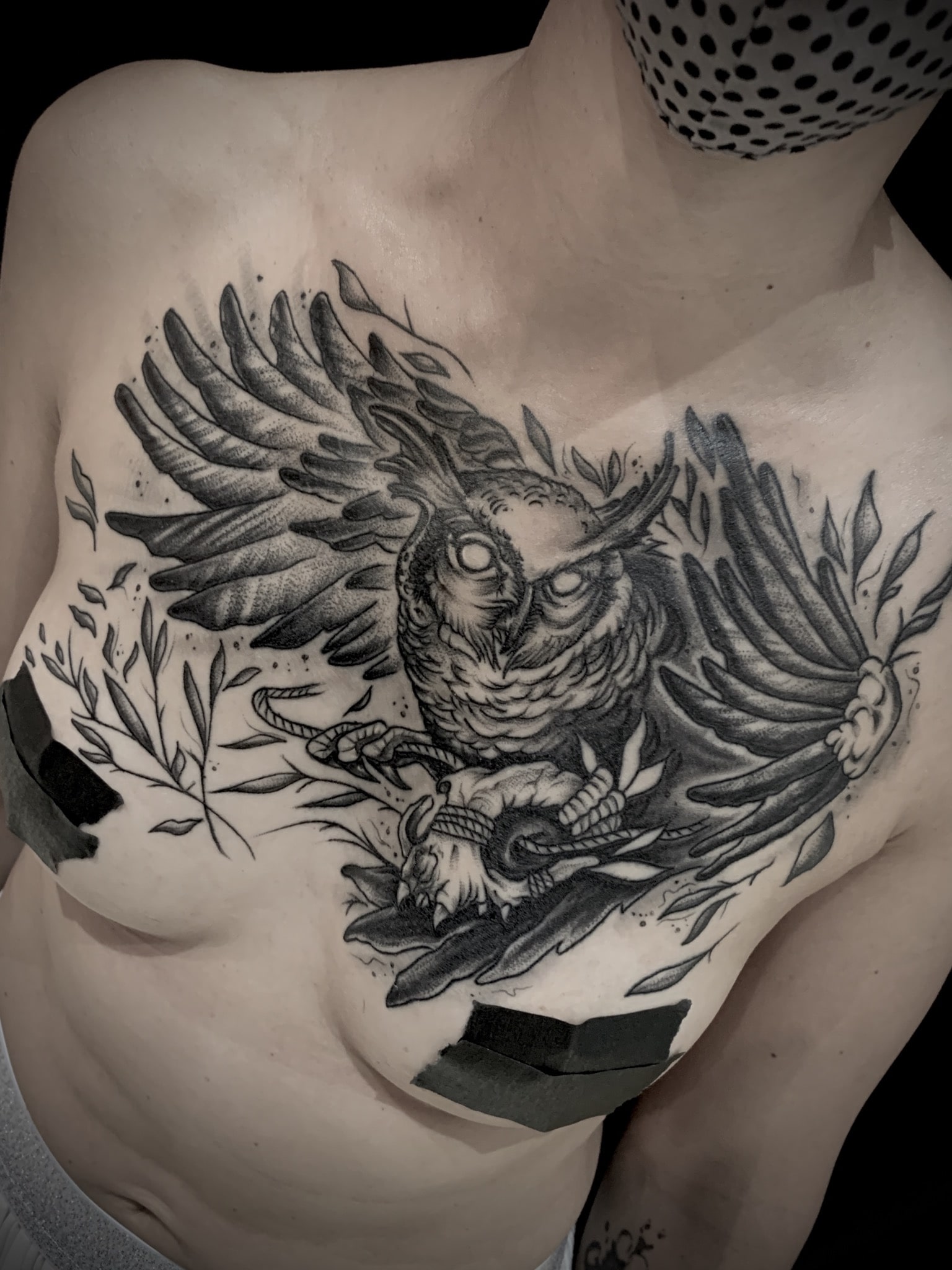 Tattoo Anansi München Artist David blackwork owl Eule Kautz flying chest