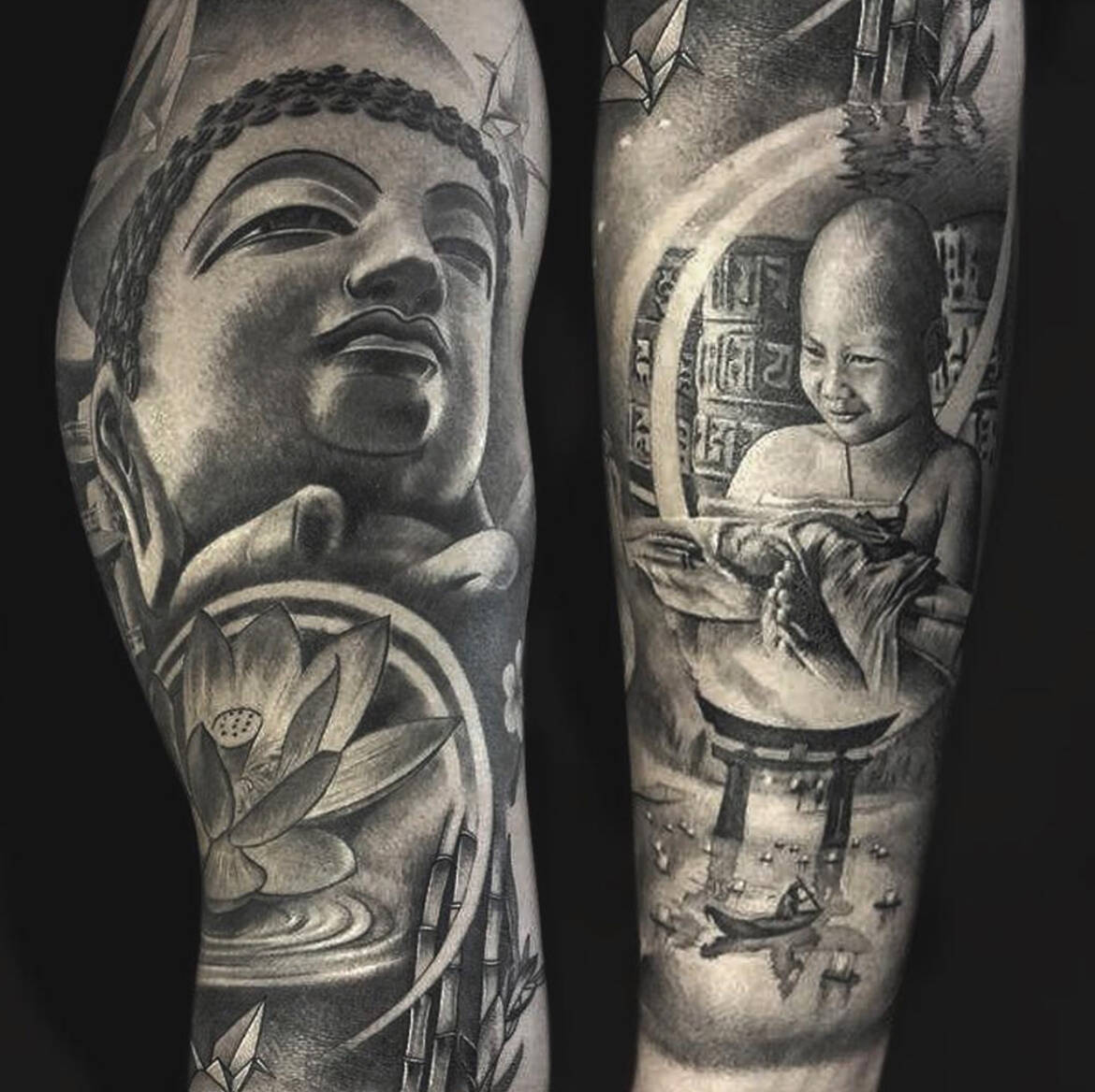 Tattoo-Anansi-Studio-Munchen-Munich-Haidhausen-Alex-sleeve-Buddha-buddhist-religious-Lotus-flower-monk-statue-child-asian-best-black-and-grey-realism-portrait.jpg