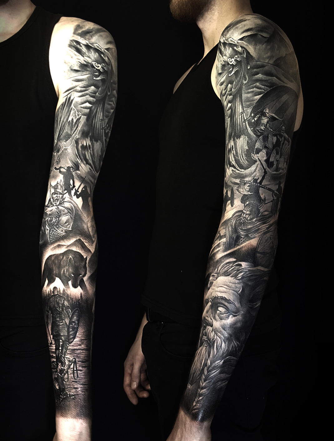 Tattoo-Anansi-Studio-Munchen-Munich-Haidhausen-Alex-sleeve-nordic-theme-warrior-vikings-wolves-bears-nature-forest-battle-power-statues-patchwork-best-black-and-grey.jpg