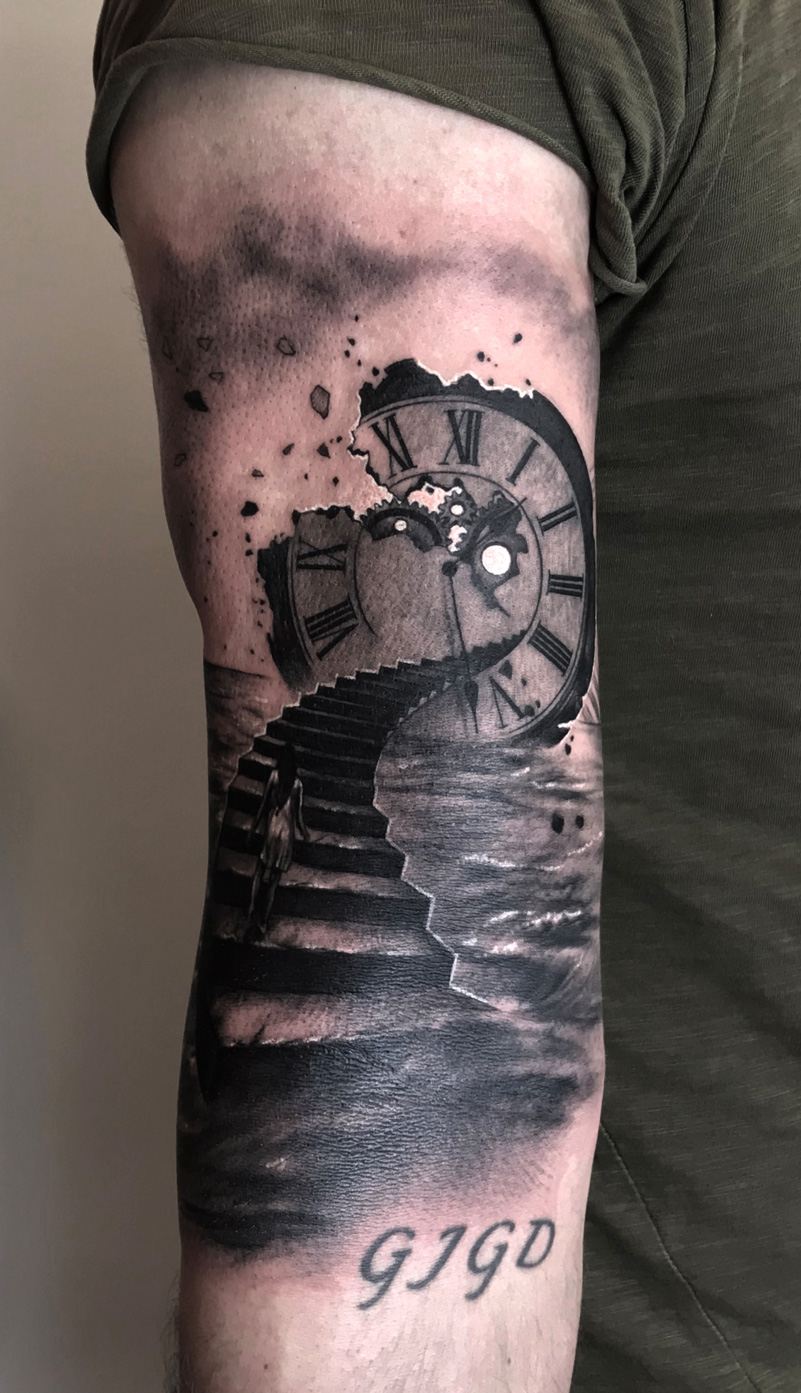 Tattoo-Anansi-Studio-Munchen-Munich-Haidhausen-Alex-stairs-staircase-steps-clock-clockwork-cracks-cracking-up-time-is-running-girl-walking-surrealism-best-black-and-grey-realism.jpg