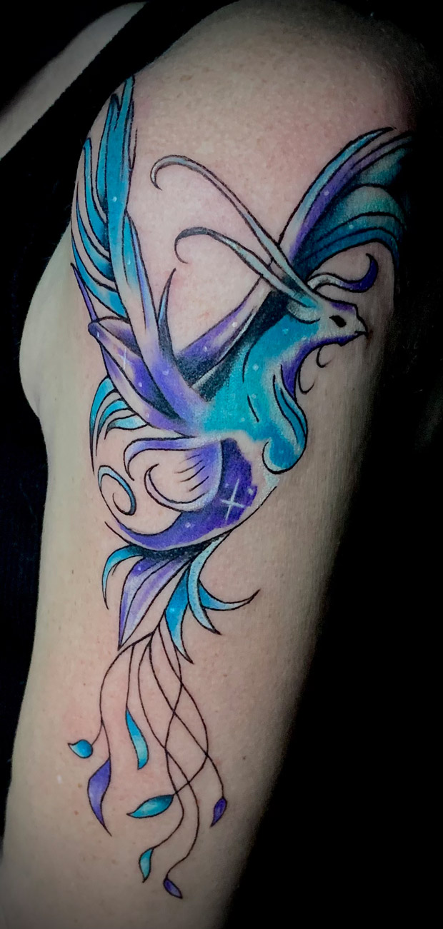Tattoo Anansi Studio München Munich Haidhausen Vedran shoulder upper arm phoenix powerful spirit rising from ashes best colour fantasy animal