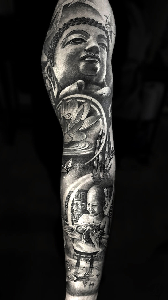 Tattoo-Anansi-Studio-Munchen-Munich-Haidhausen-sleeve-buddhist-theme-religious-Buddha-monk-asian-culture-Lotus-spheres-best-black-and-grey-realism.jpg