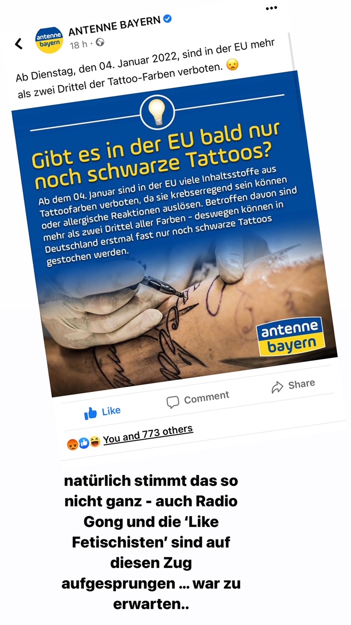 WELTUNTERGANG BLEIBT AUS AUCH DIESES JAHR  Reach-Konforme Tattoo Farben 1 Jan 2022