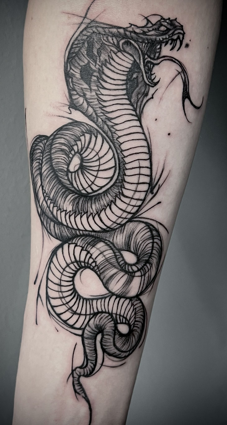Tattoo Anansi Studio München Munich Haidhausen Vedran sketchy cobra snake wound up forearm best blackwork linework