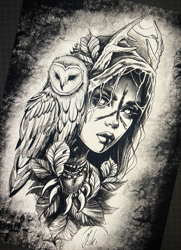 Tattoo Anansi Studio München Munich Haidhausen Zoran wannado drawing shaman girl woman dark deer owl best blackwork neotraditional