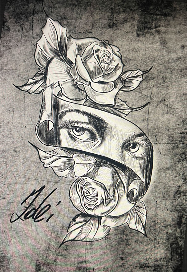 Tattoo Anansi Studio München Munich Haidhausen Zoran wannado sketchy eyes roses drawing design